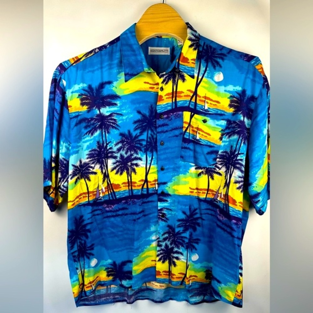 Monticerutti Men's Hawaiian Aloha Shirt 3XL Vacation Woody Wagon Palms Rayon‎